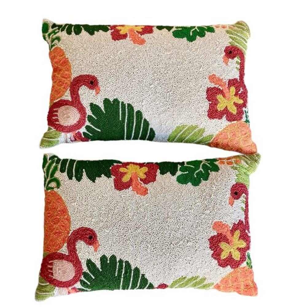 Vintage throw Pillows Multicolor Flamingo Hawaiian Tropical Rectangle Beaded MCM